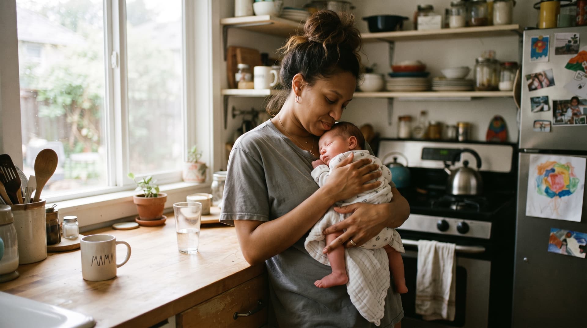 Mother holding her newborn in a warm kitchen