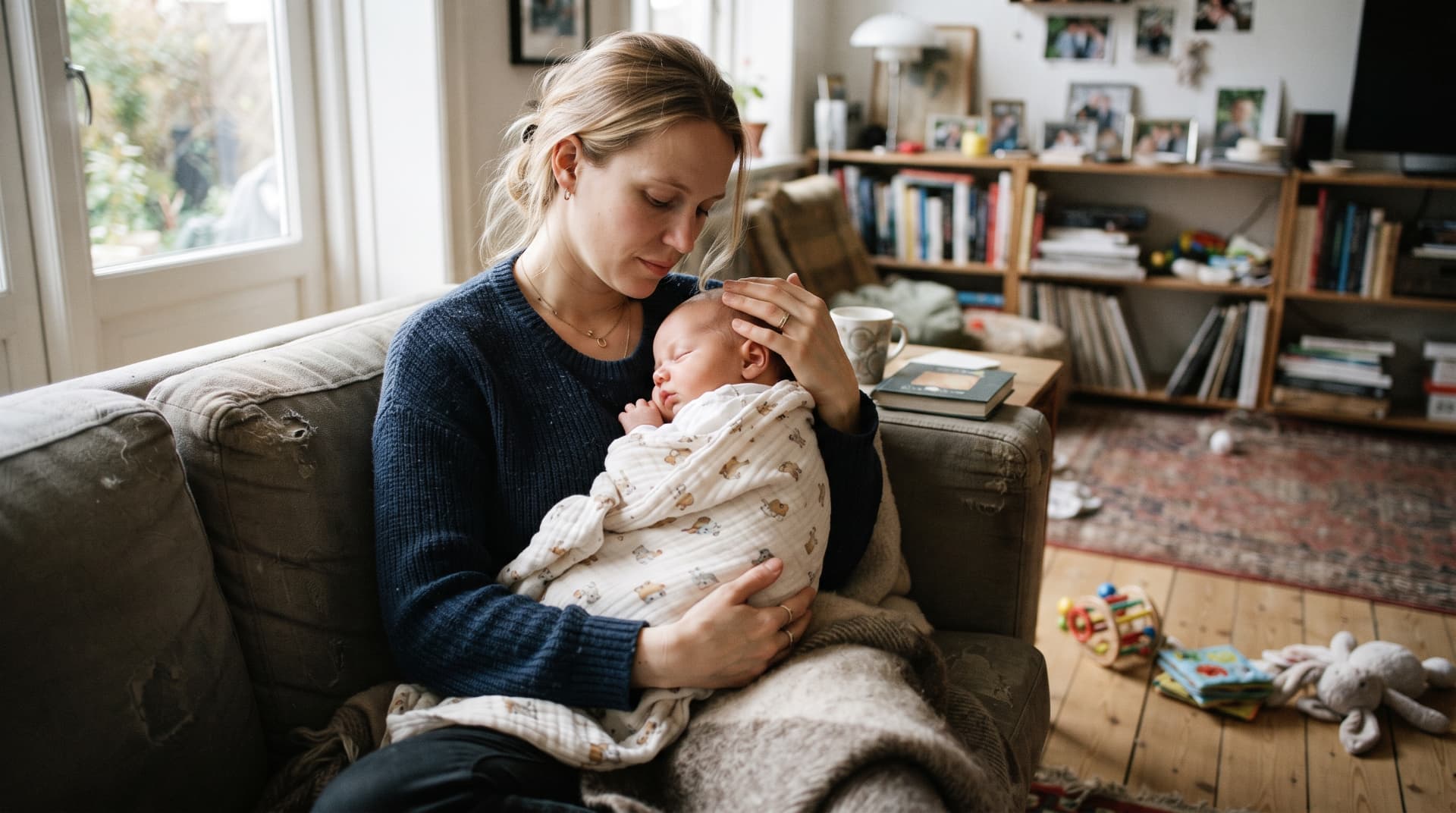 Mother cradling her newborn on a cozy sofa