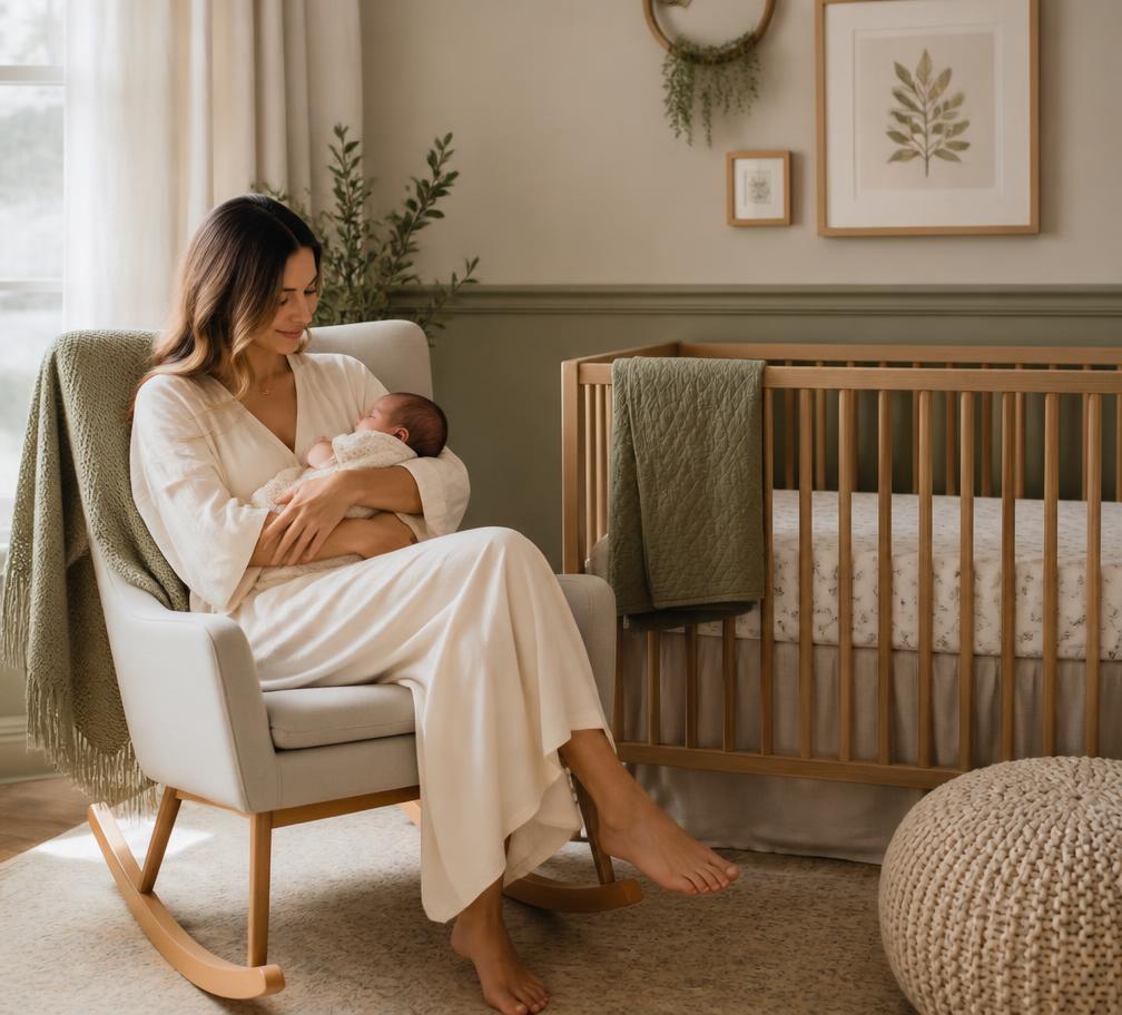 Mother resting with her newborn beside a crib